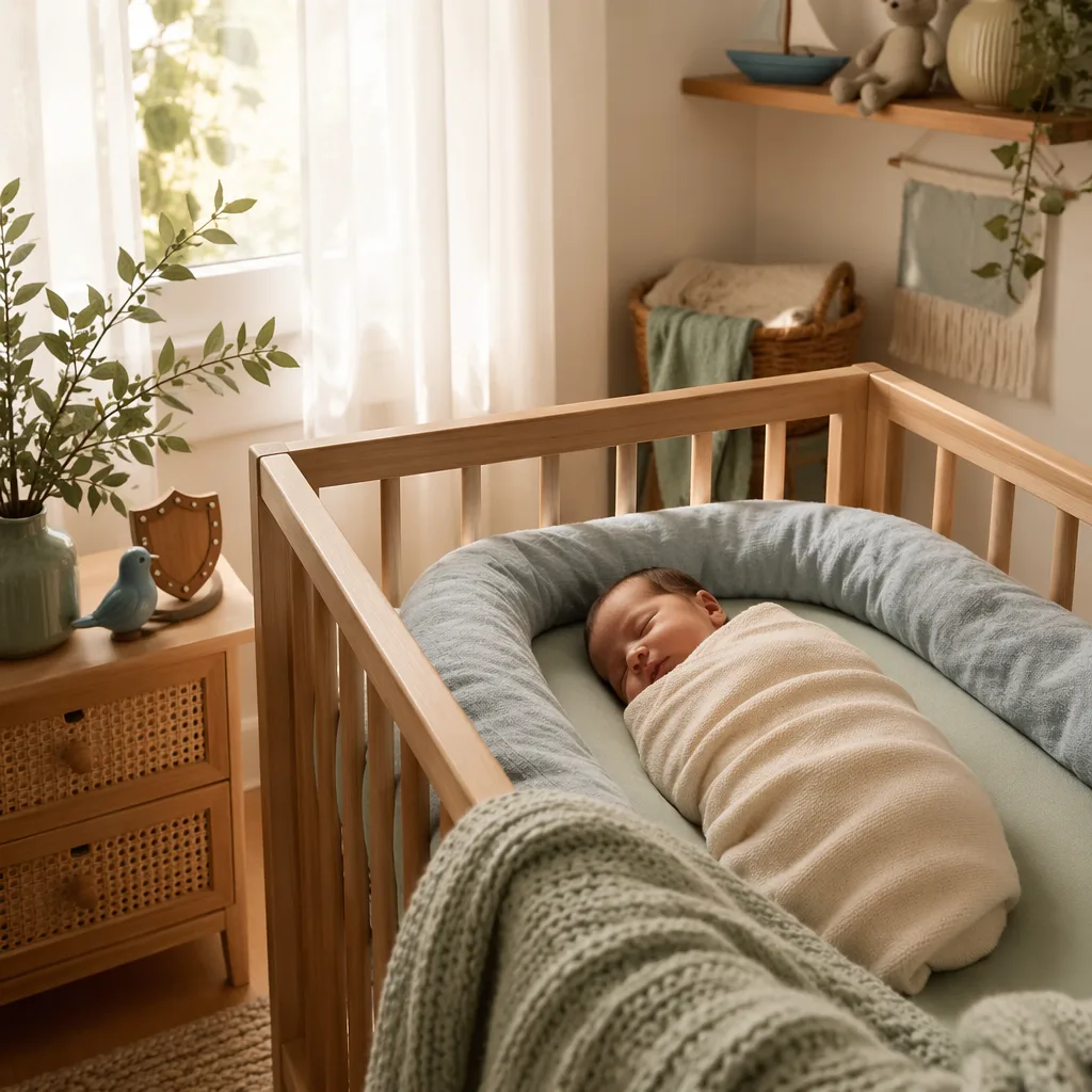 A sleeping newborn in a soft Portuguese-inspired nursery with gentle symbolic details of protection and victory.