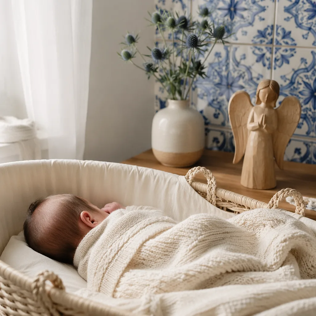 Peaceful newborn in a softly lit Portuguese-inspired nursery with gentle pastel details.