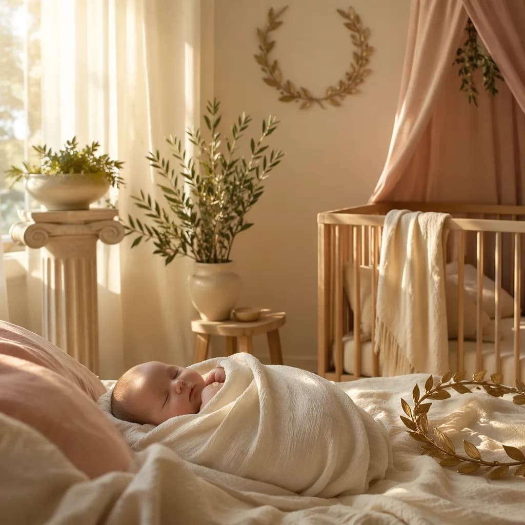 Soft pastel nursery scene with a sleeping swaddled baby, laurel detail, and warm natural light.