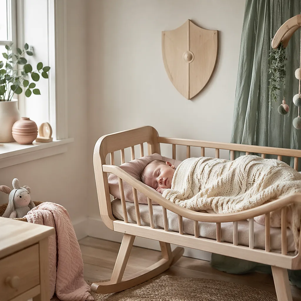 Sleeping newborn in a cozy Scandinavian nursery with soft pastel Nordic decor