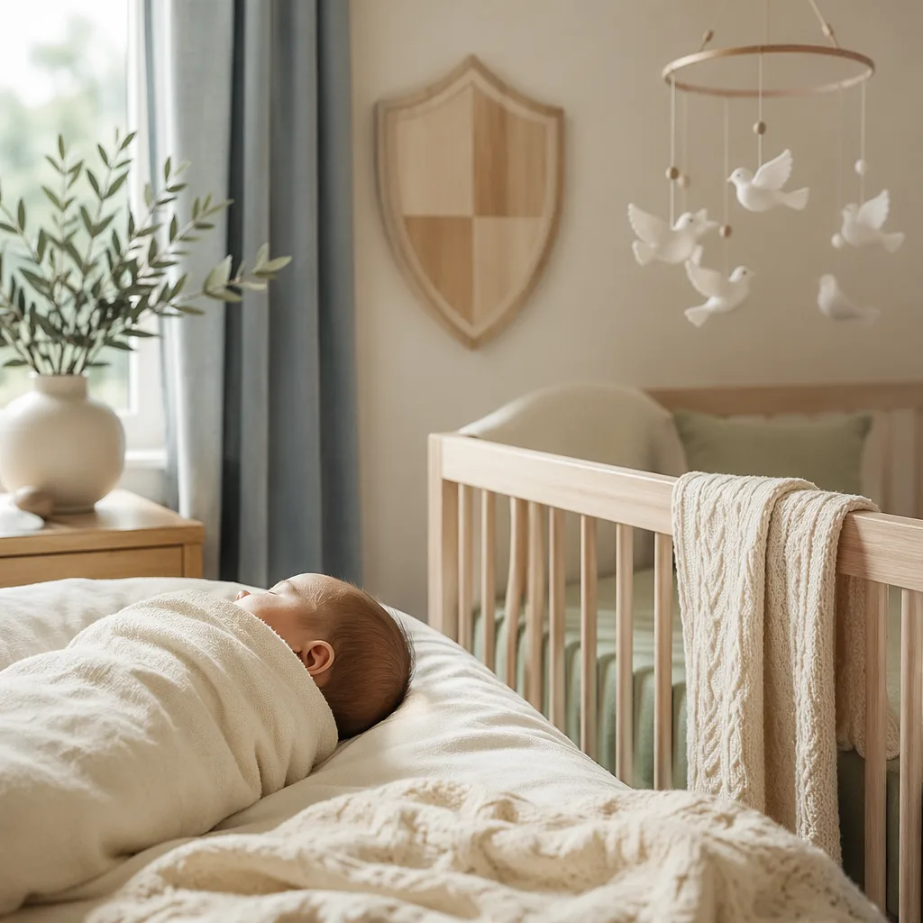 A peaceful Scandinavian nursery with a swaddled sleeping baby, soft natural light, and cozy Nordic decor.