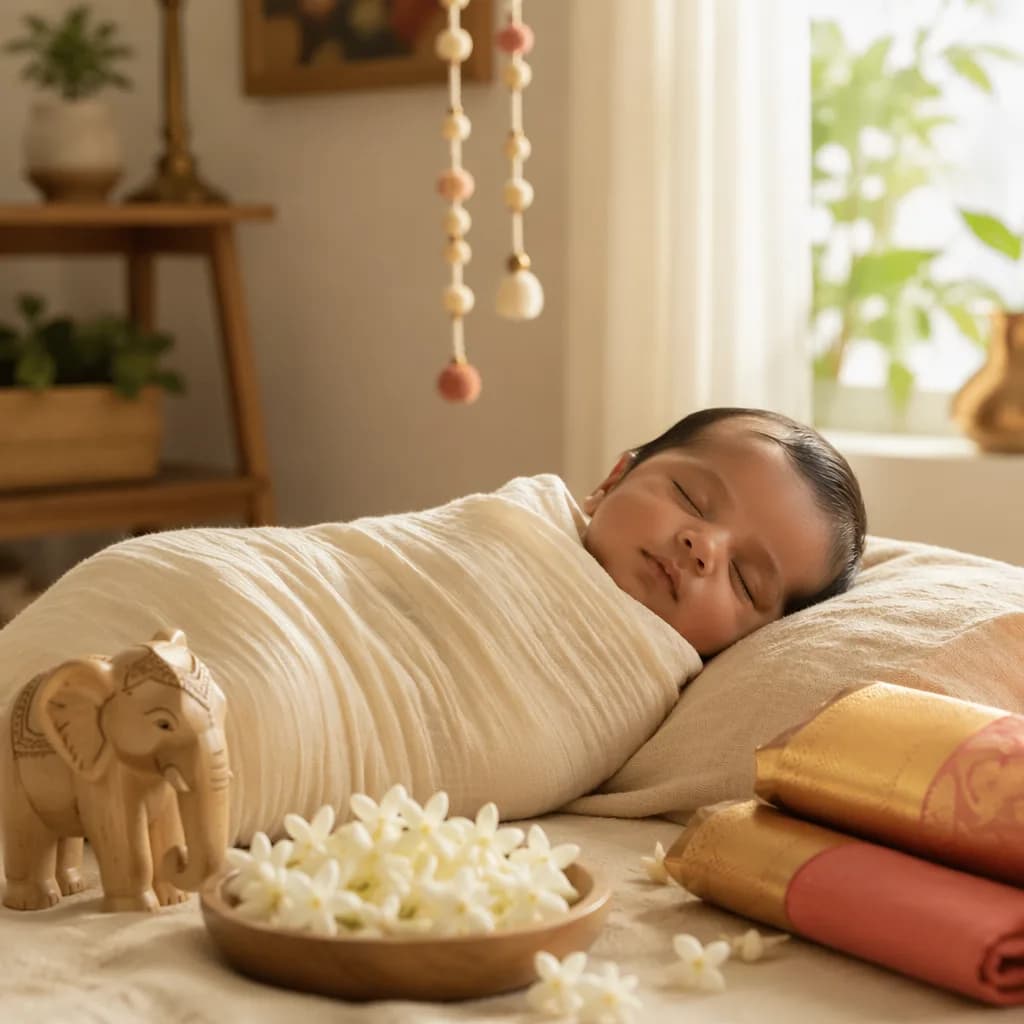 Sleeping baby in a cozy Tamil-inspired nursery with a wooden elephant toy and jasmine flowers.