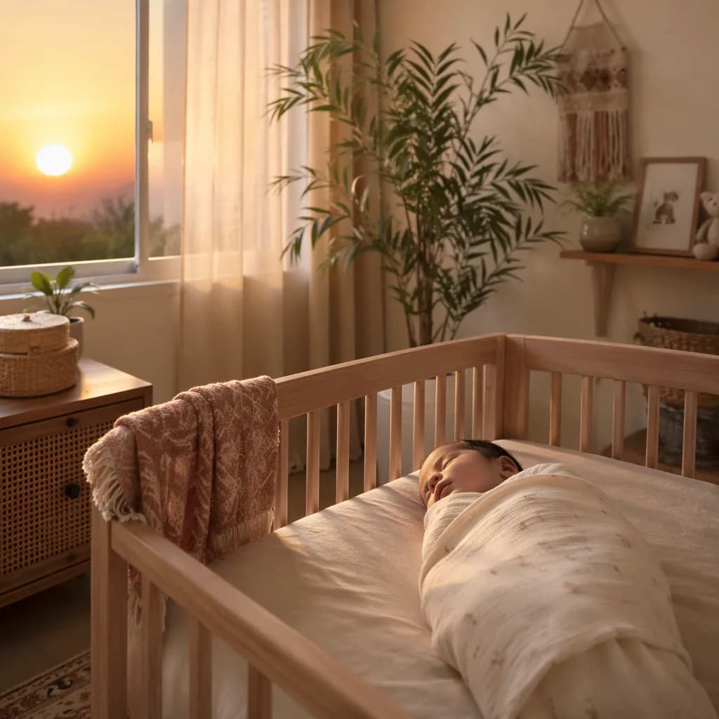 Soft sunrise nursery scene with a swaddled sleeping baby in a cozy crib.