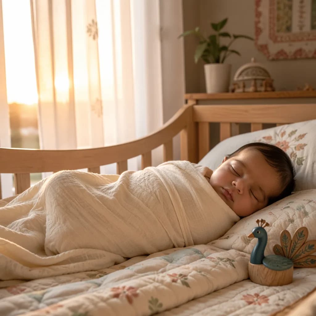Peaceful newborn in a soft nursery lit by warm dawn light.