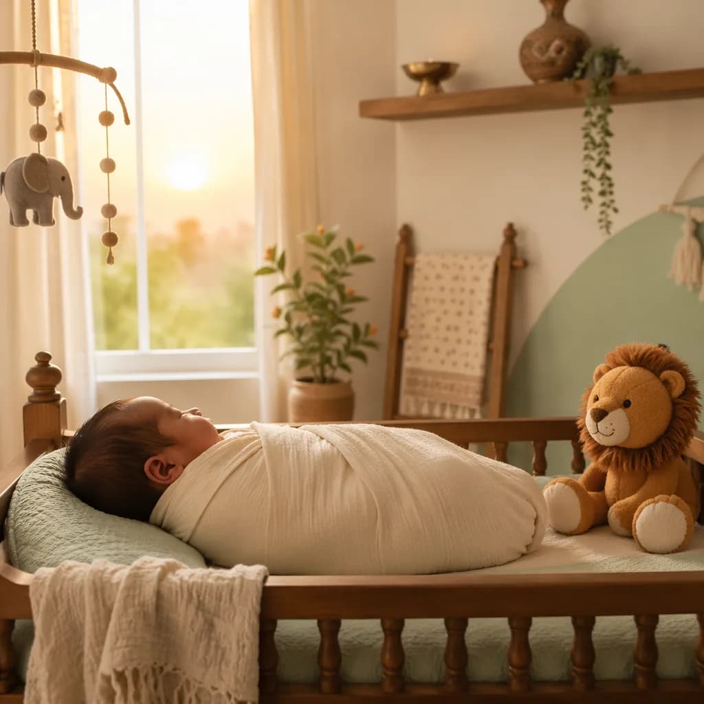 Soft sunrise nursery scene with a swaddled baby and a plush lion toy.