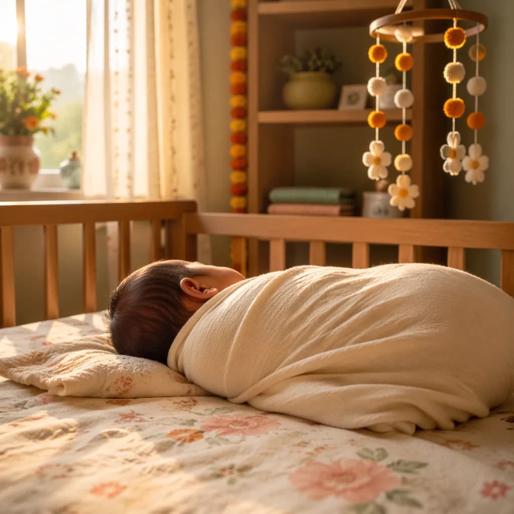 A peaceful newborn in a cozy pastel nursery lit by warm dawn sunlight.