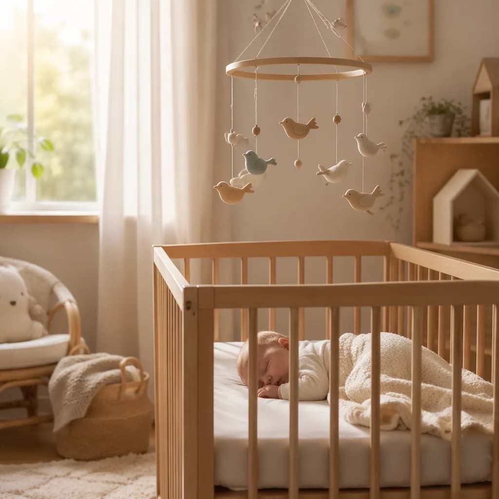 A peaceful pastel nursery with a sleeping baby and a delicate wooden bird mobile.