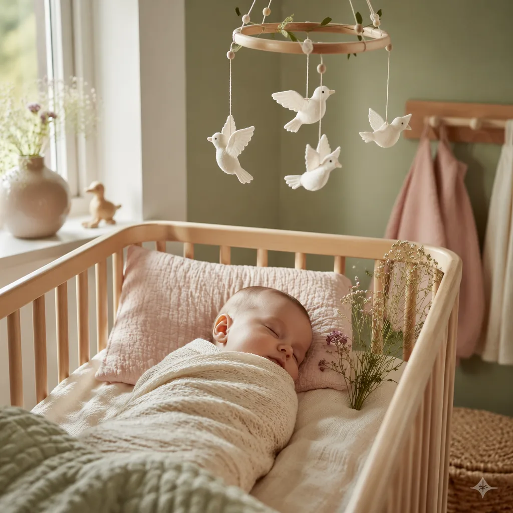 Sleeping baby in a soft Scandinavian nursery with wildflowers and a dove mobile.