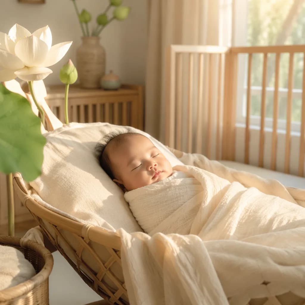Sleeping Vietnamese baby in a soft pastel nursery with lotus flowers and warm natural light.