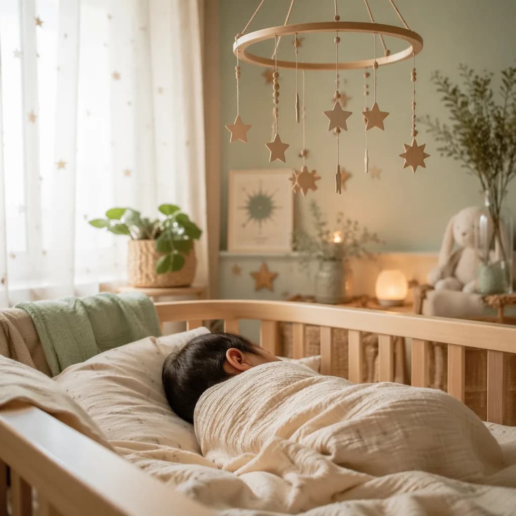 Peaceful baby in a soft pastel nursery with a gentle star mobile.