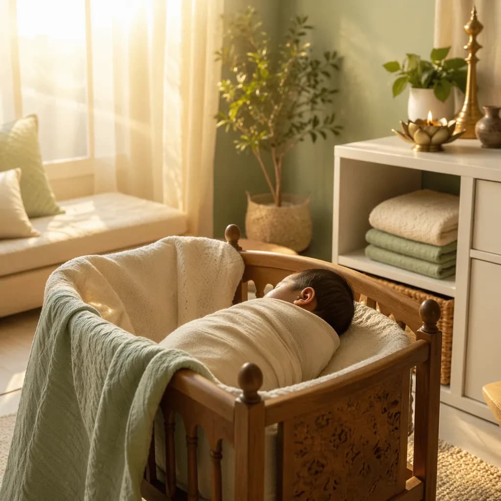 A peaceful Indian baby in a pastel nursery lit by soft golden morning light.