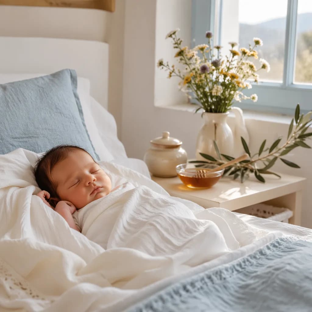 Sleeping newborn in a soft Greek-inspired nursery with olive branch and honey-toned flowers