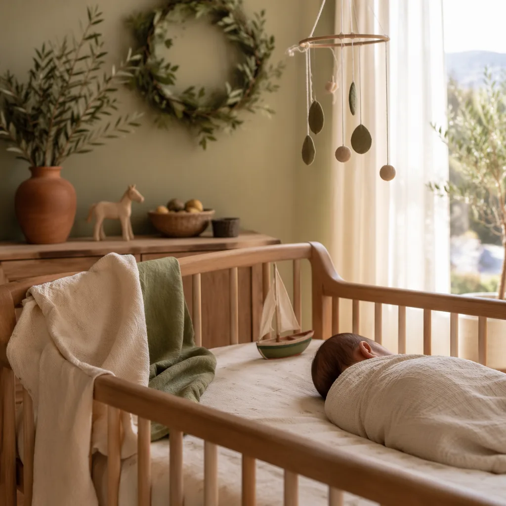 Cozy Italian-inspired nursery with a swaddled baby in soft natural light.