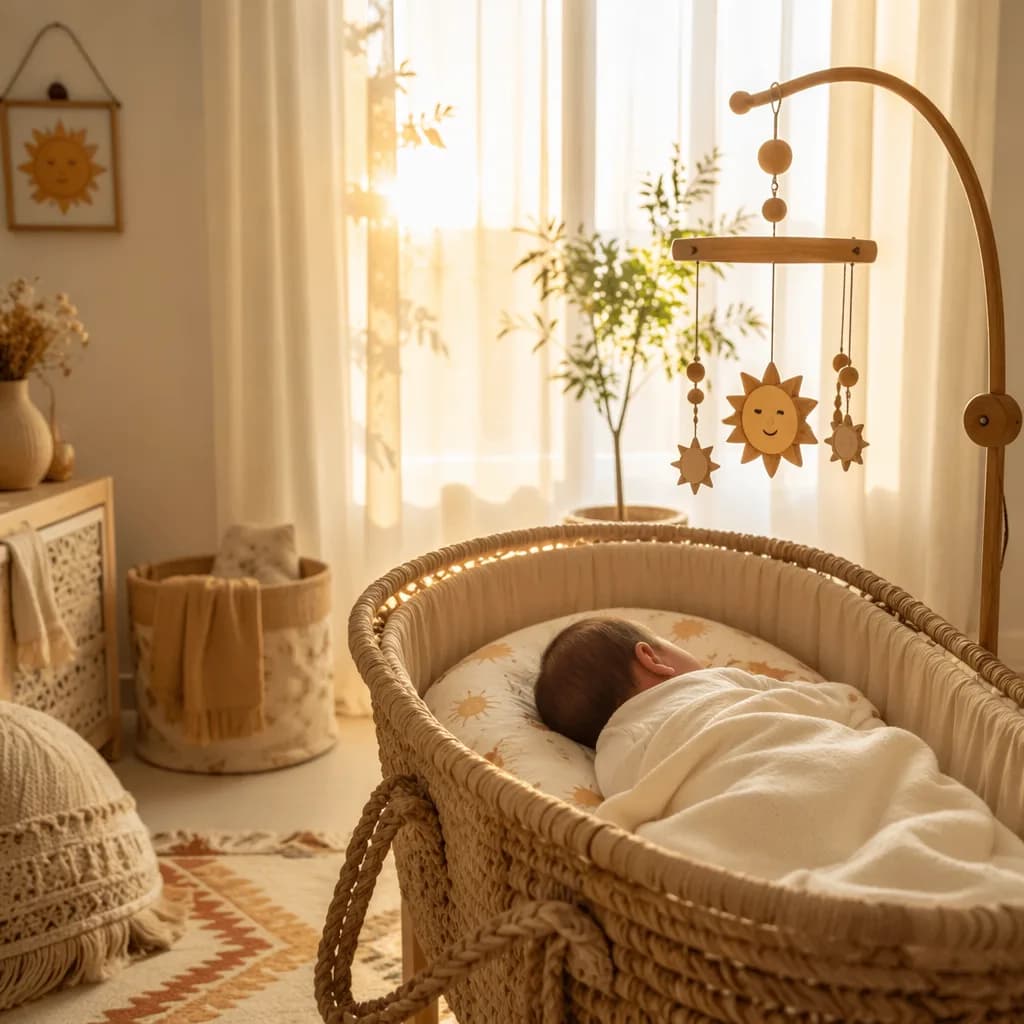 A peaceful baby nursery glowing with soft sunrise light and warm pastel Indian-inspired decor.