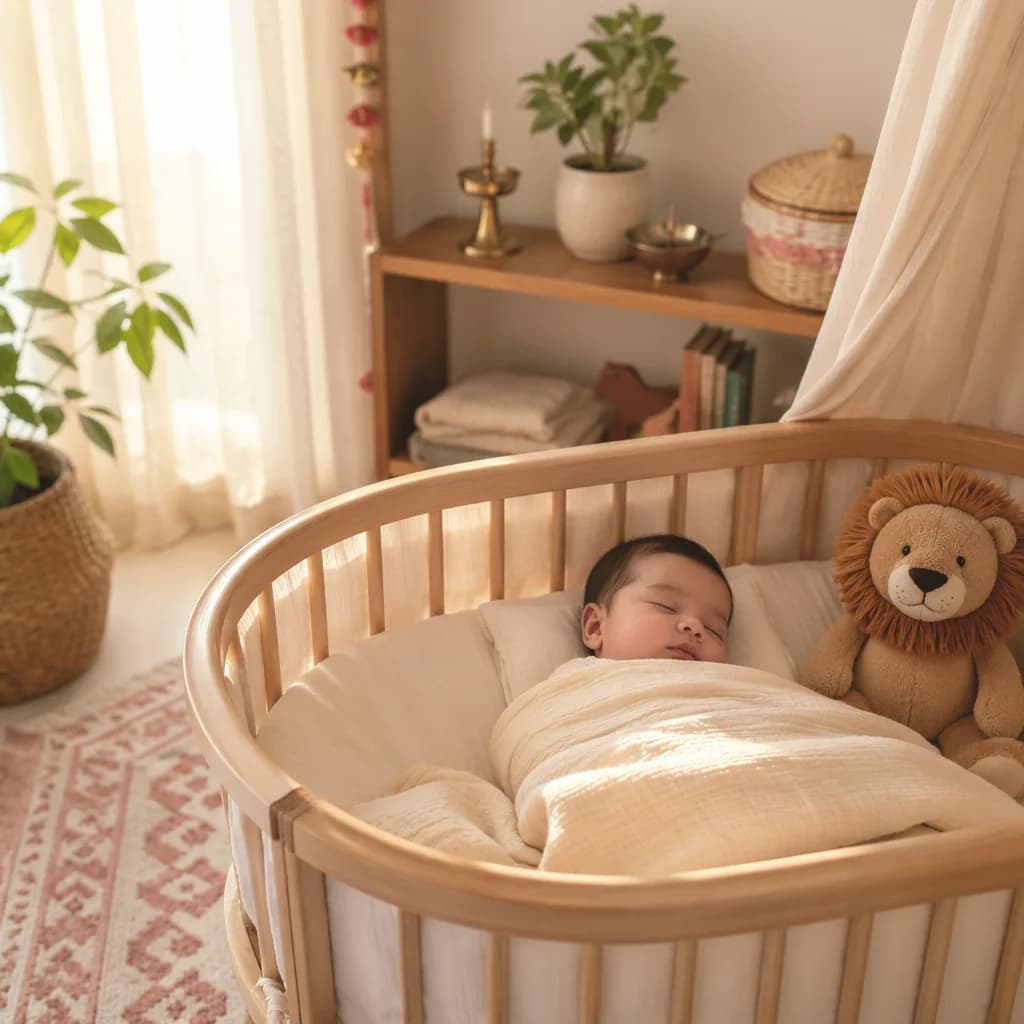 Sleeping baby in a soft sunlit nursery with gentle Indian-inspired decor and a lion plush toy.