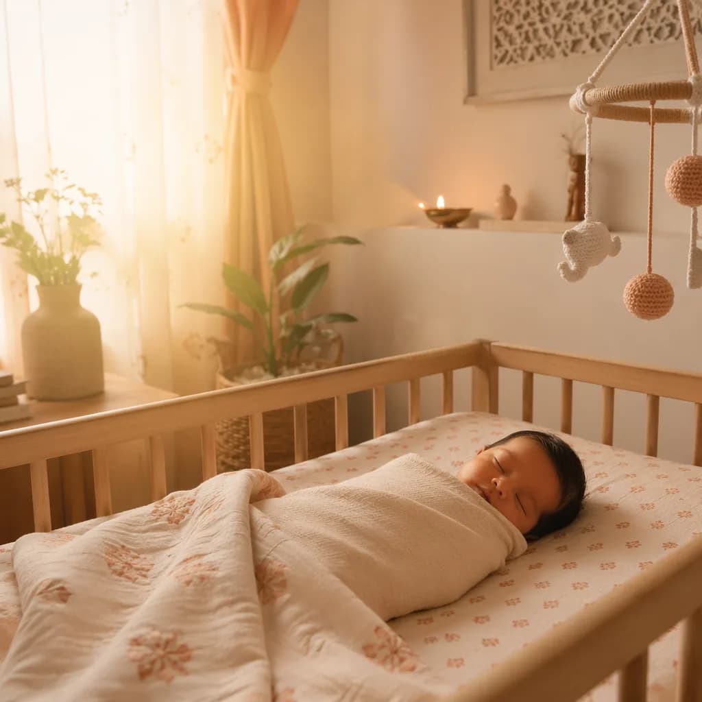A peaceful baby nursery glowing with soft morning light and subtle Indian-inspired decor.