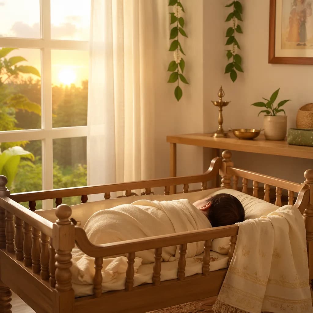 A softly swaddled Tamil newborn in a cozy nursery lit by warm sunrise.