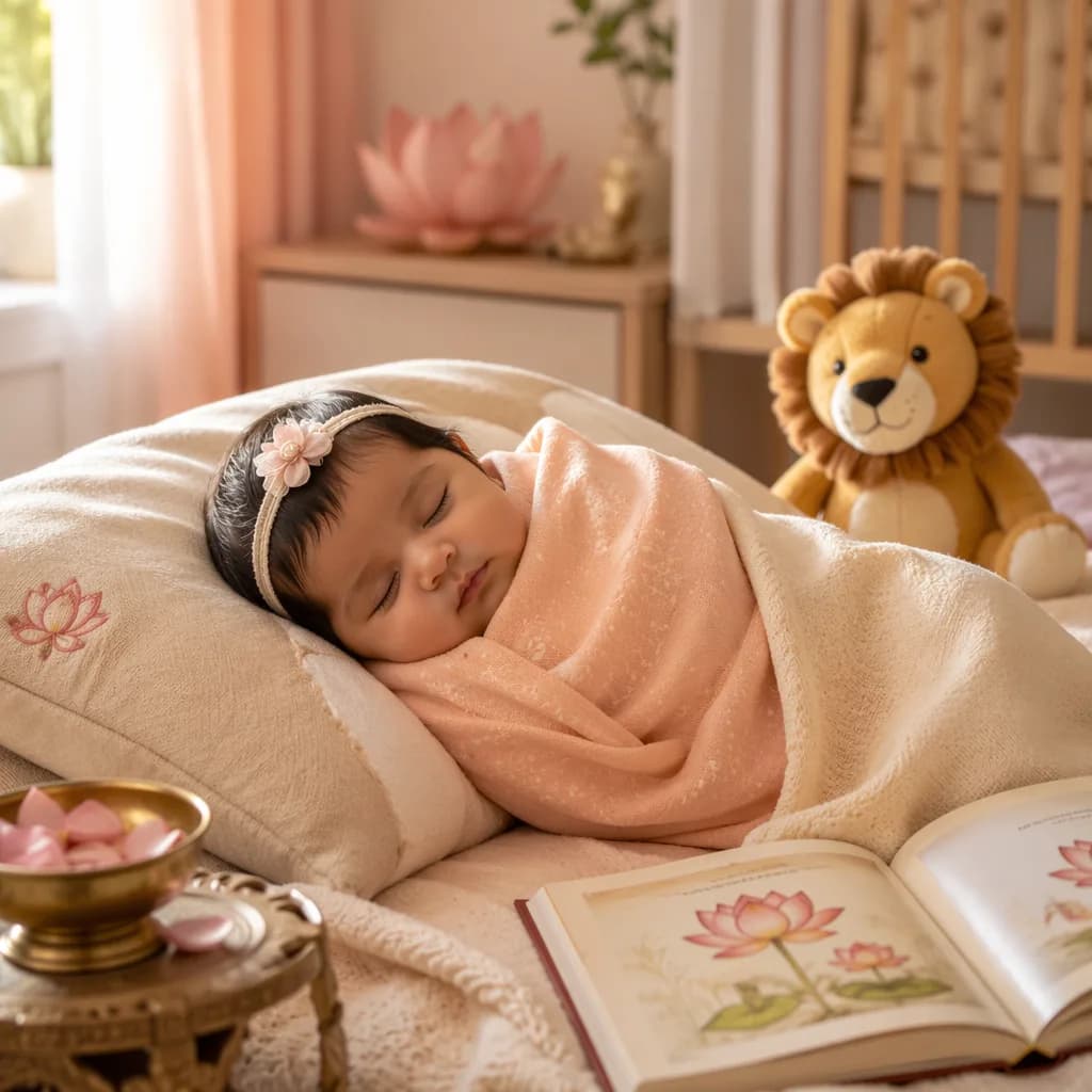 Sleeping baby in a soft pastel nursery with lotus decor and a lion plush.
