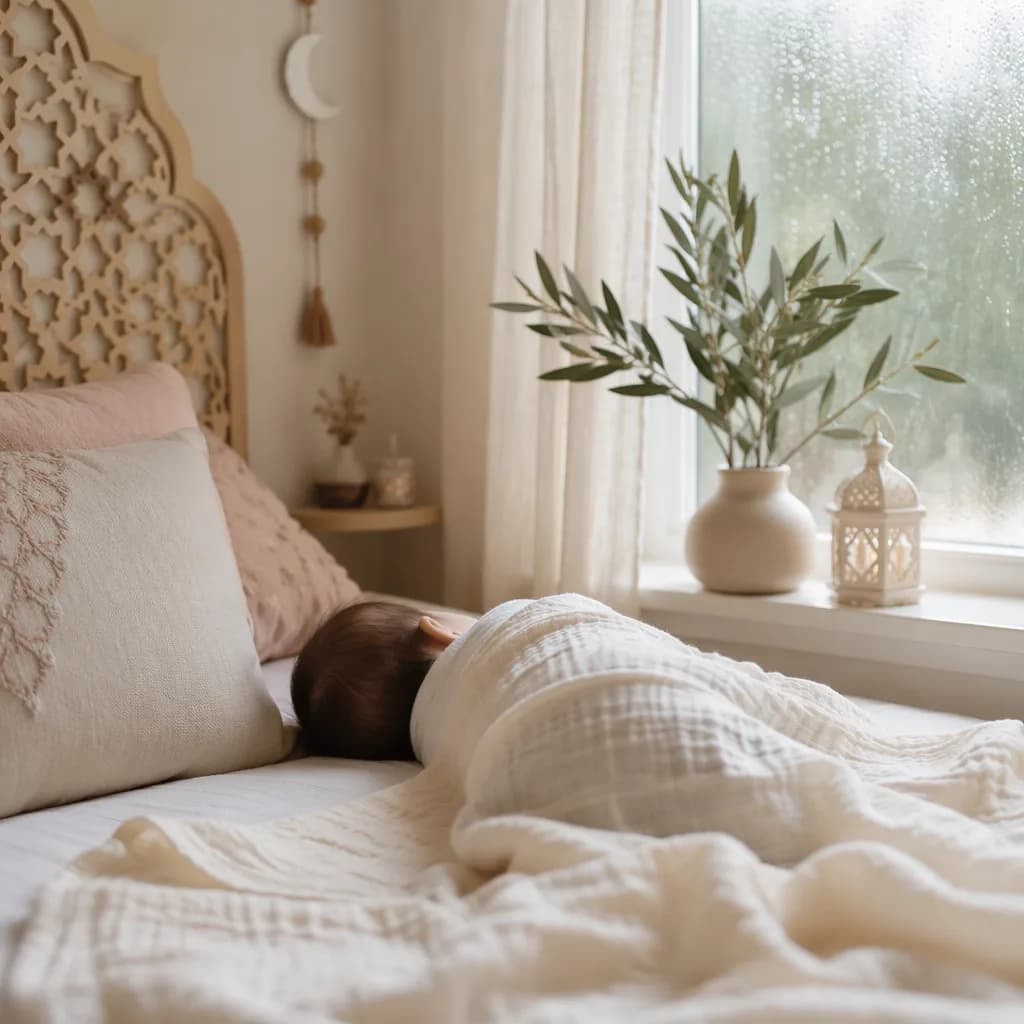 A peaceful Arabic-inspired nursery with a swaddled baby, olive branch, and soft rainlit window.