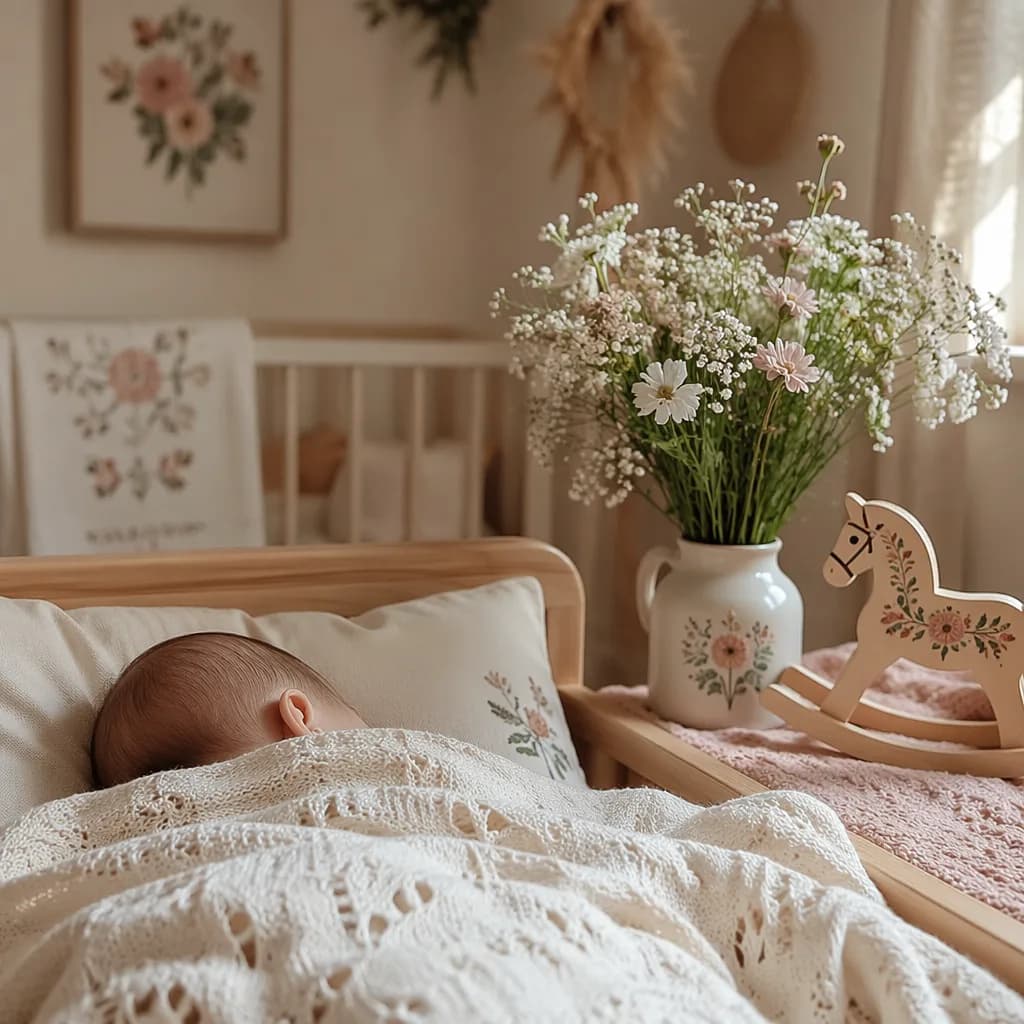 Soft pastel Polish-inspired nursery scene with a sleeping baby, wildflowers, and cozy wooden decor.