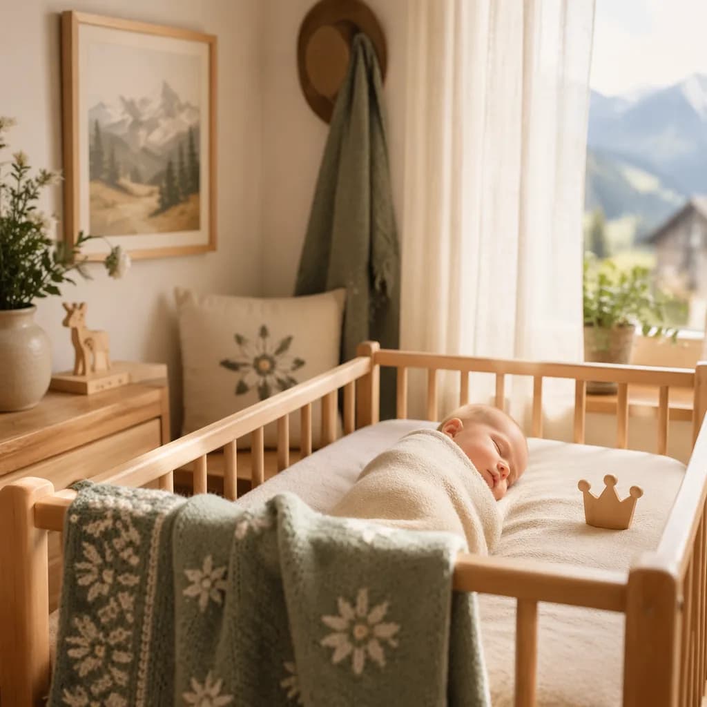 Sleeping baby in a soft pastel German-inspired nursery with a wooden crown toy.