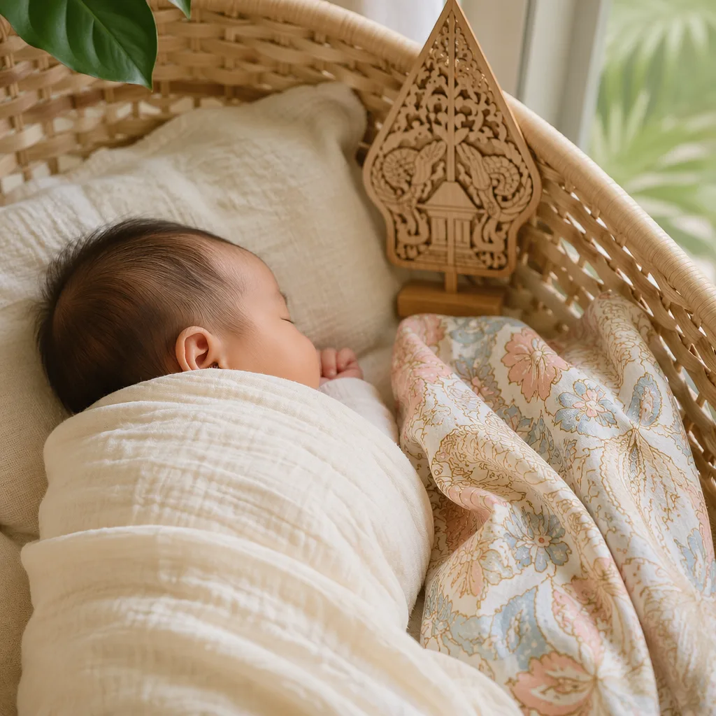 Sleeping Indonesian baby in a cozy pastel nursery with subtle batik details.