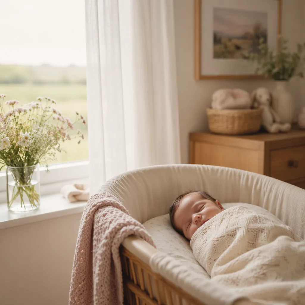 Peaceful pastel nursery with a swaddled sleeping baby and gentle English countryside touches