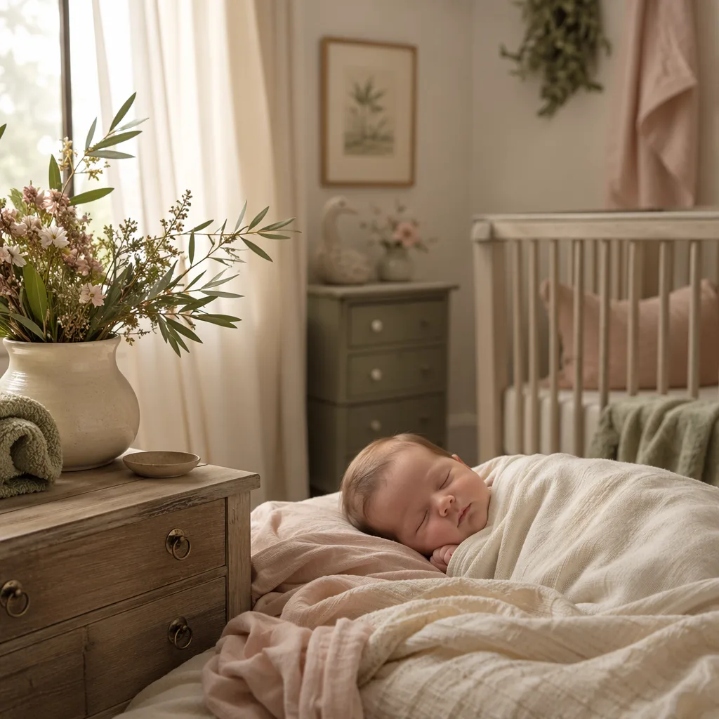 Peaceful pastel nursery with a sleeping swaddled baby and soft floral details.