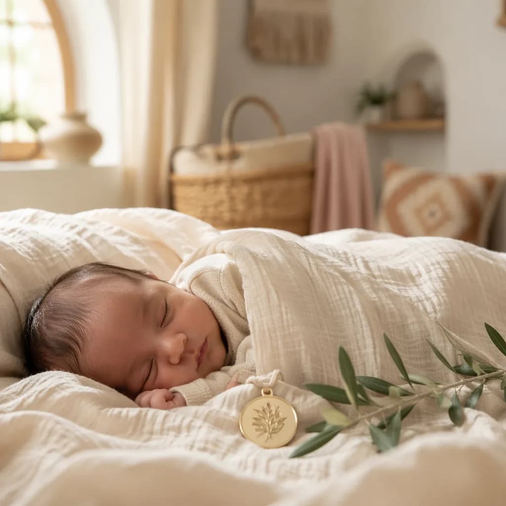 Sleeping baby in a soft Arabic-inspired nursery with a symbolic honor charm.