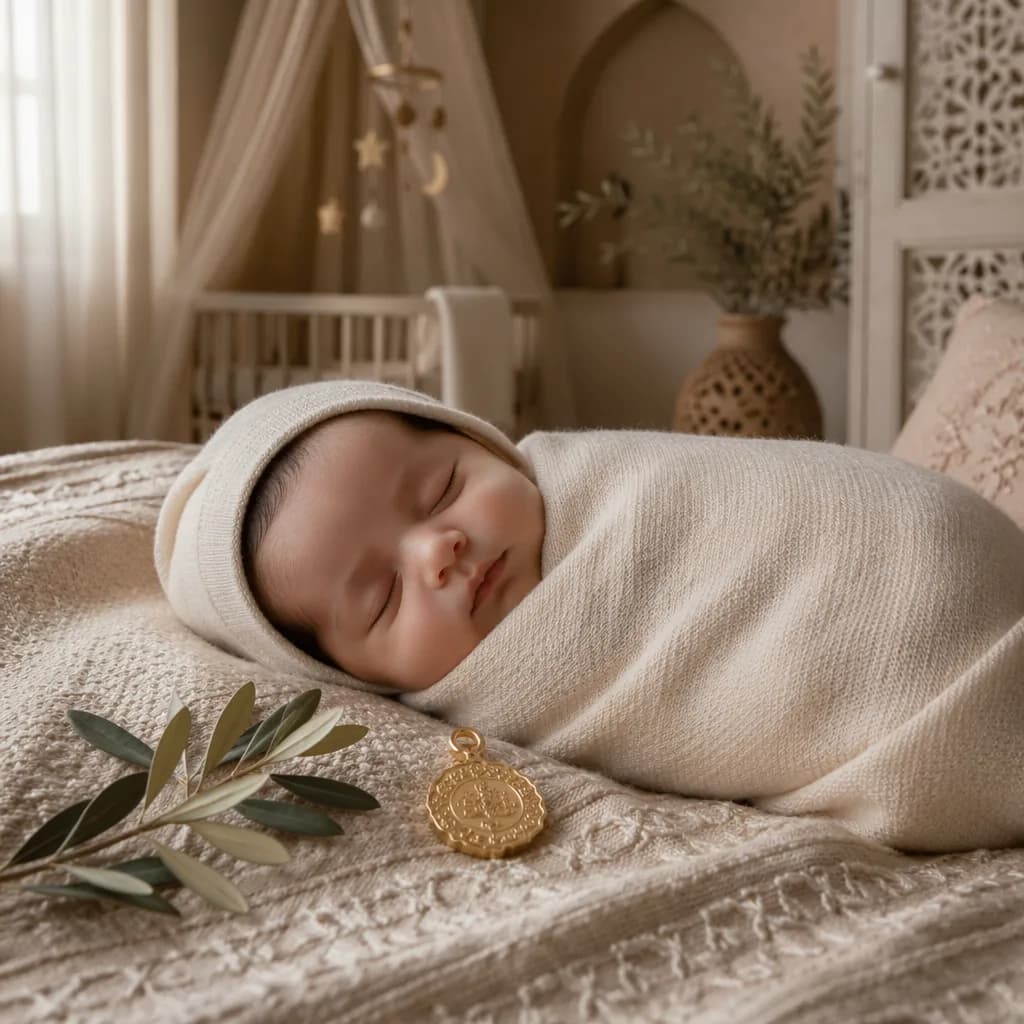 Sleeping baby in a soft nursery with a gold keepsake charm symbolizing honor.