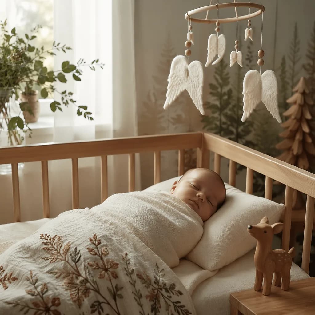 Sleeping baby in a cozy pastel nursery with Polish-inspired details and a gentle angel-wing mobile.