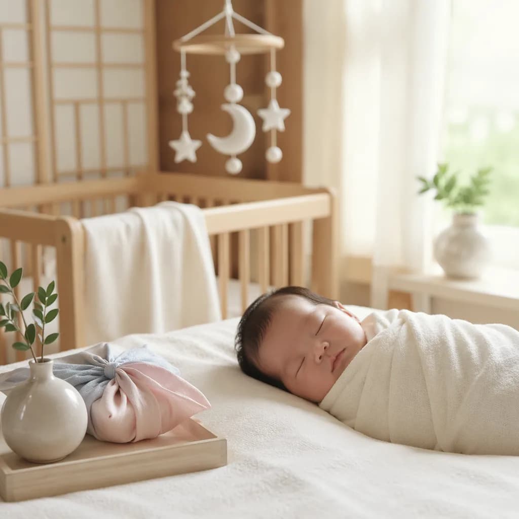 Sleeping newborn in a soft Korean-inspired nursery with pastel decor and gentle natural light.