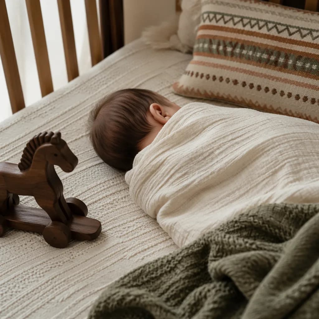 Sleeping baby in a cozy pastel nursery with a wooden toy horse and soft Turkish-inspired accents.