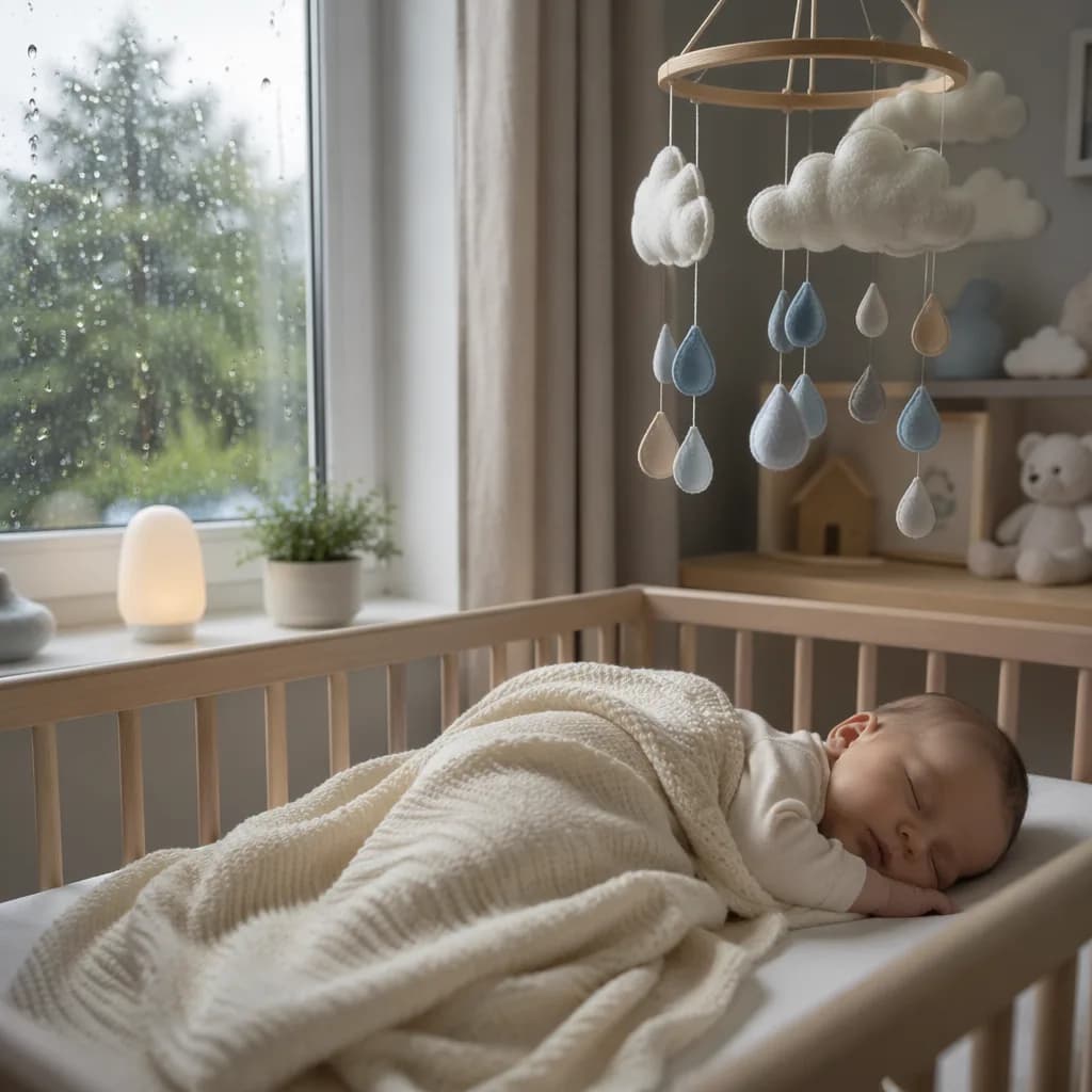 A cozy pastel nursery with a sleeping baby by a softly rainy window.