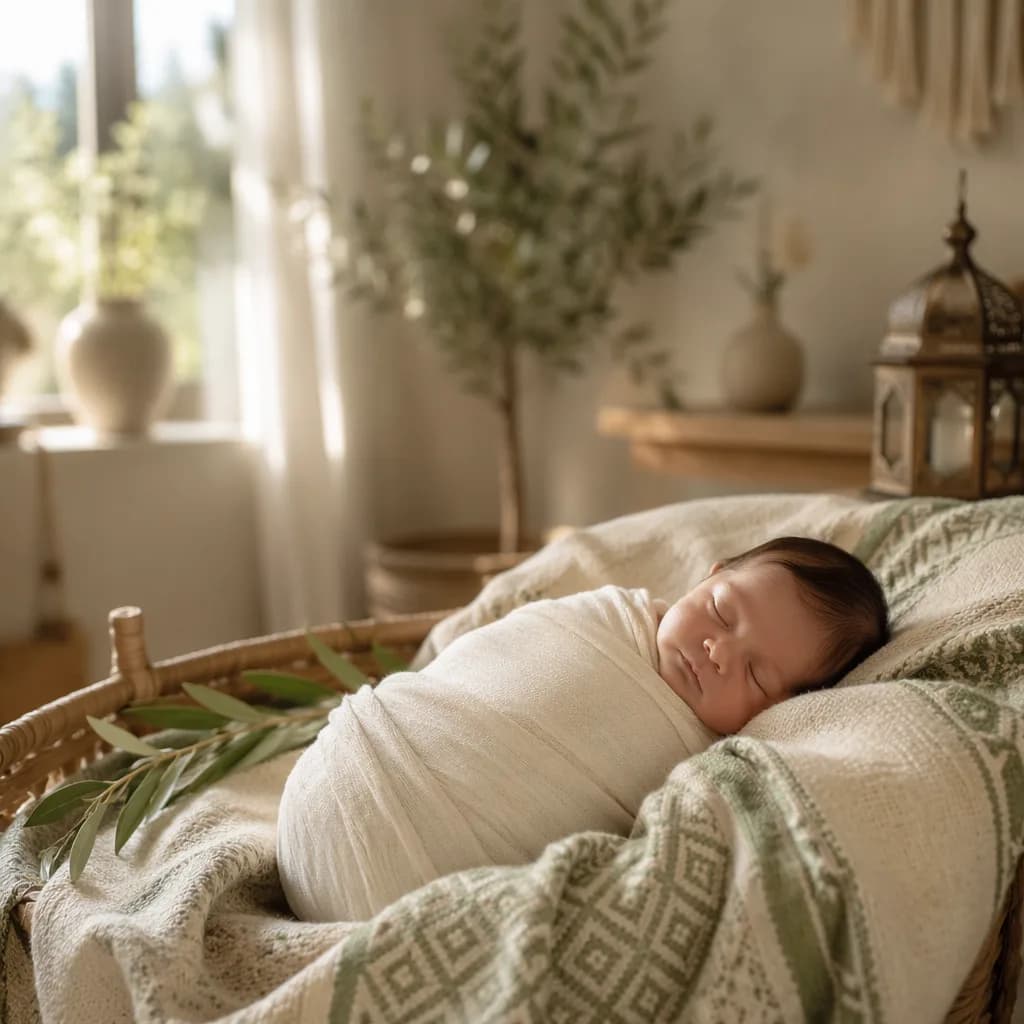 Sleeping baby in a soft Arabic-inspired nursery with warm pastel tones