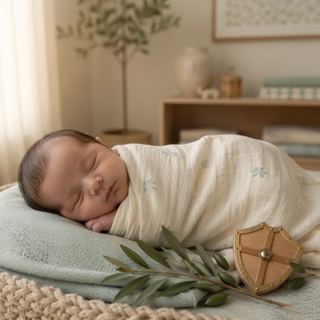 Peaceful newborn in a soft pastel nursery with symbolic accents for grace, life, and strength.