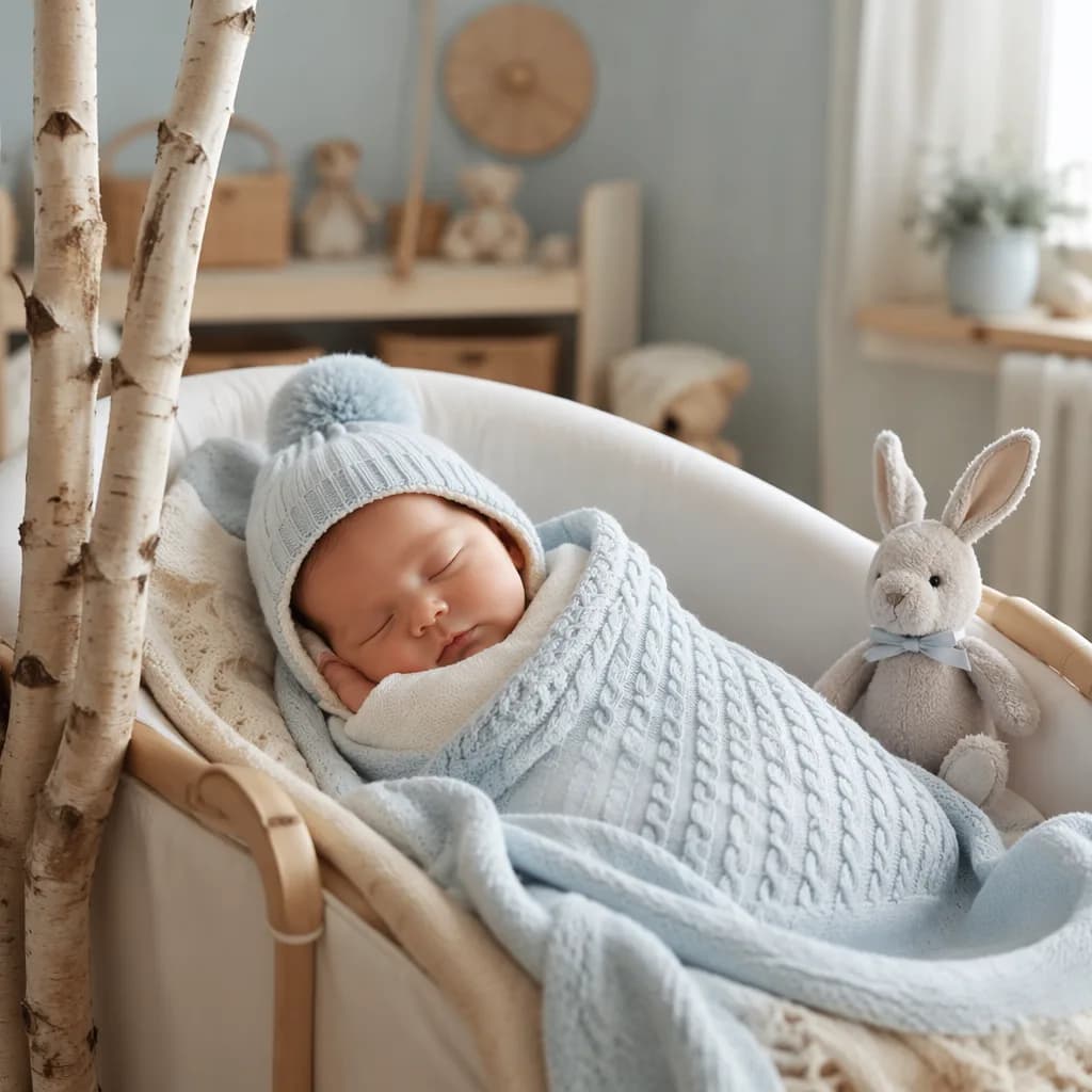 Sleeping swaddled baby in a soft pastel nursery with a plush hare.