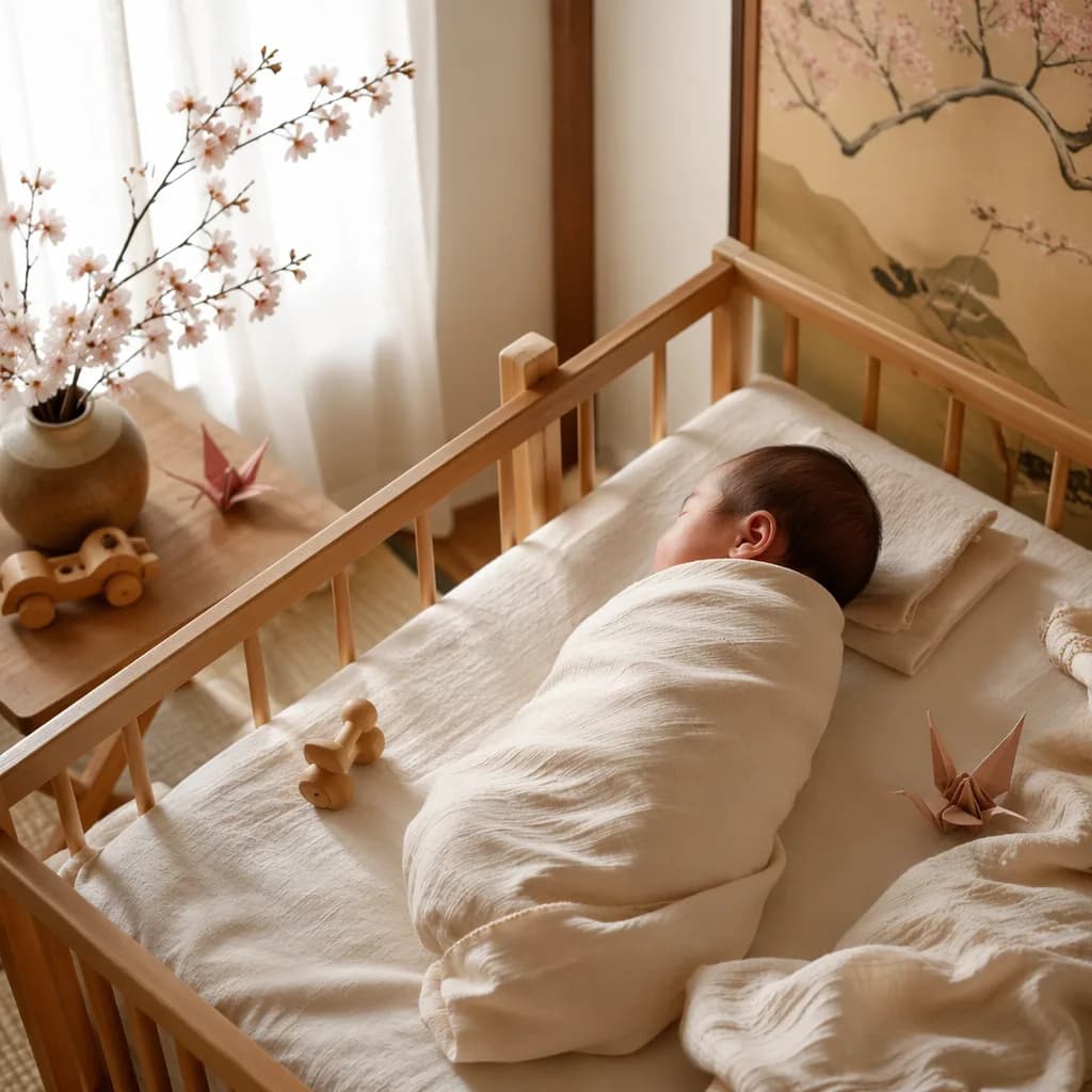 Soft Japanese-inspired nursery with a swaddled sleeping baby, cherry blossoms, and origami cranes.