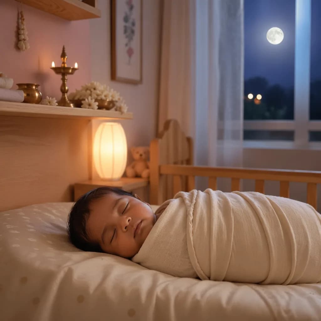 Sleeping newborn in a soft pastel Tamil-inspired nursery at twilight.