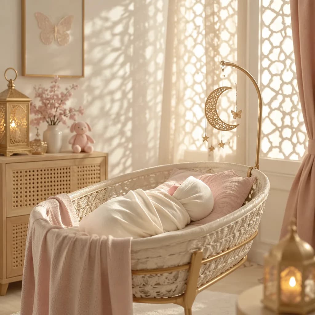 Peaceful swaddled baby in a softly lit Arabic-inspired nursery with crescent moon and lantern accents.