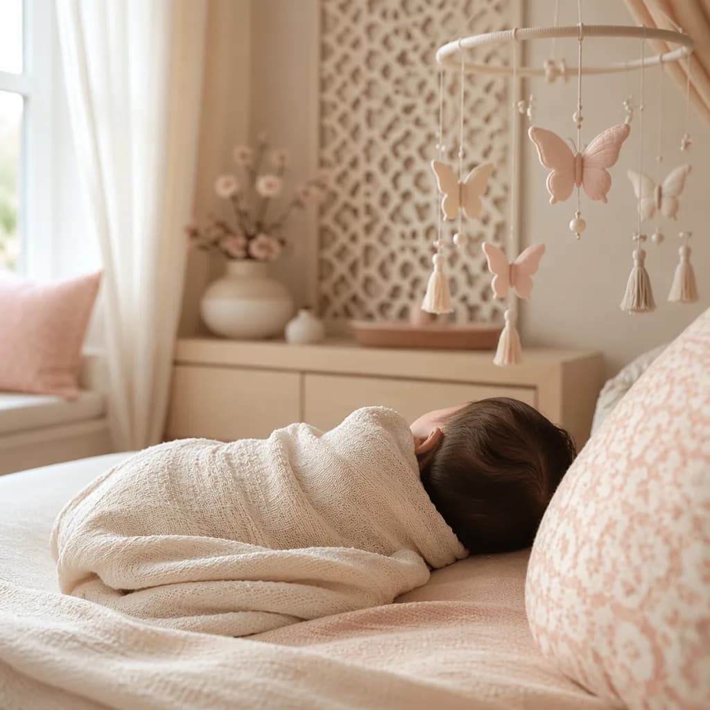 Soft pastel nursery with a swaddled sleeping baby and delicate butterfly mobile.