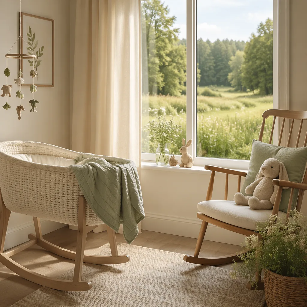 Cozy pastel nursery with a bassinet by a sunlit woodland meadow.