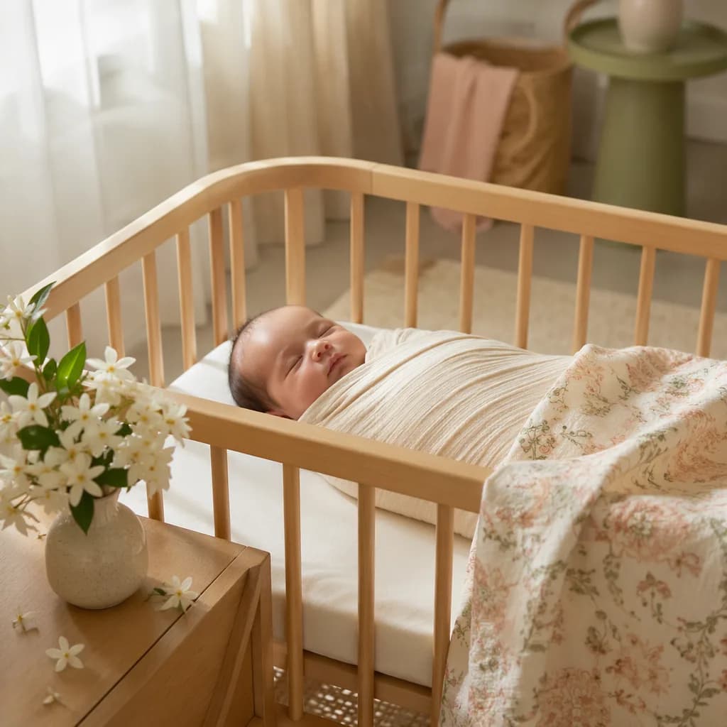 Sleeping baby in a soft Persian-inspired nursery with jasmine flowers and warm sunlight.