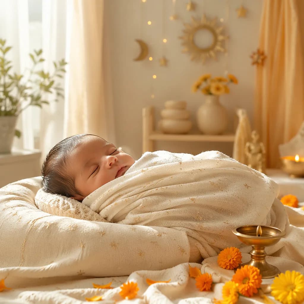 Sleeping newborn in a warm pastel nursery with gentle Indian-inspired decor.
