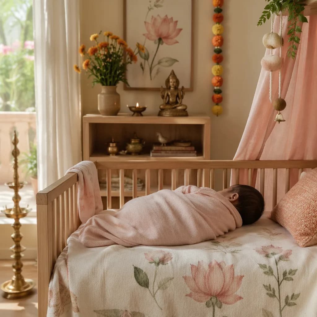A softly lit pastel nursery with a swaddled baby and gentle Indian-inspired decor.