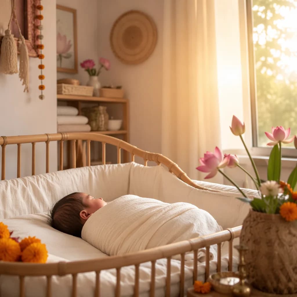 A softly lit nursery with a swaddled baby and pastel lotus accents.