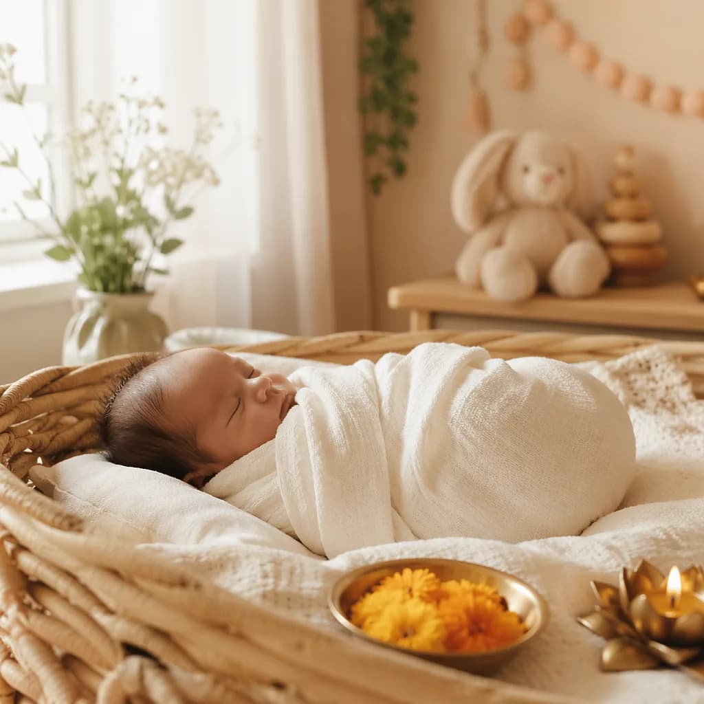 Sleeping newborn in a warm pastel nursery with subtle Indian-inspired decor.