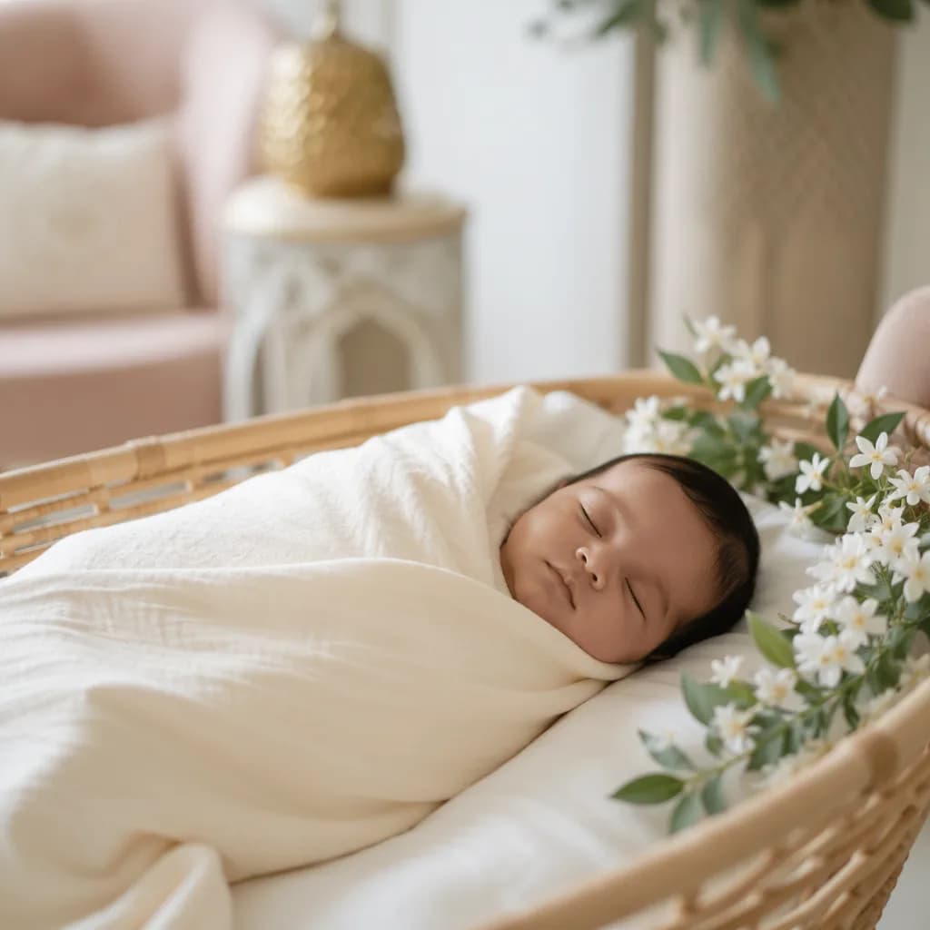 Sleeping baby in a soft nursery with jasmine flowers and warm pastel light