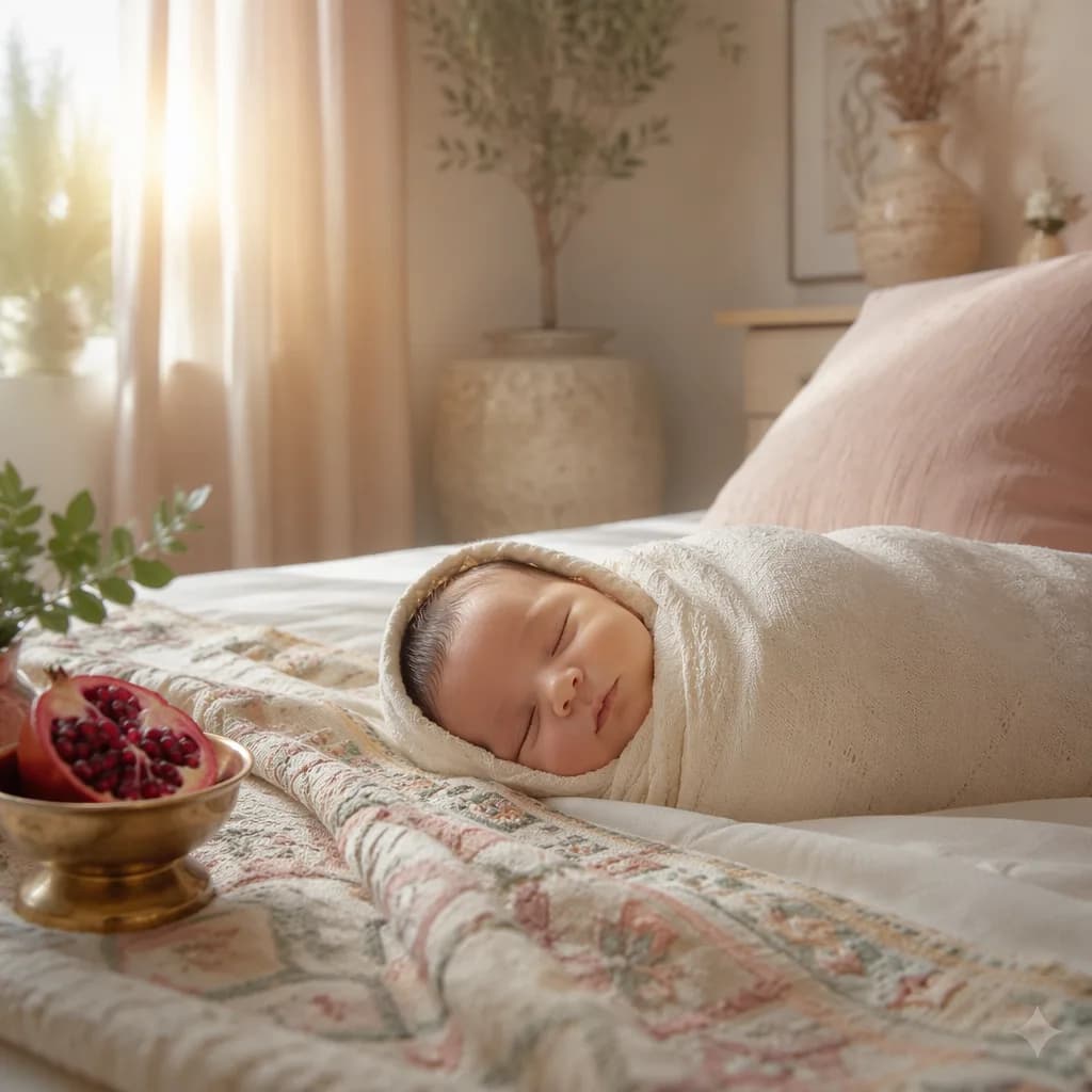 Sleeping newborn in a soft Persian-inspired nursery with warm sunlight and pastel accents.