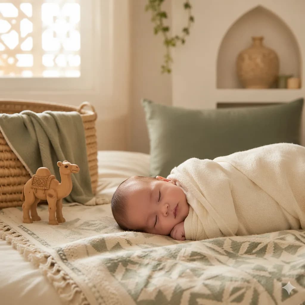Sleeping baby in a warm Arabic-inspired nursery with soft pastel decor.